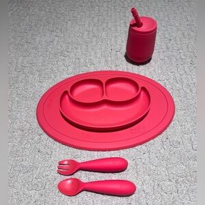Ezpz toddler red plate, straw trainer cup and fork/spoon